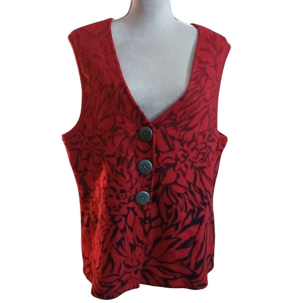 Coldwater Creek Womens 1X Red Black Floral 100% Wool Button Front Sweater Vest